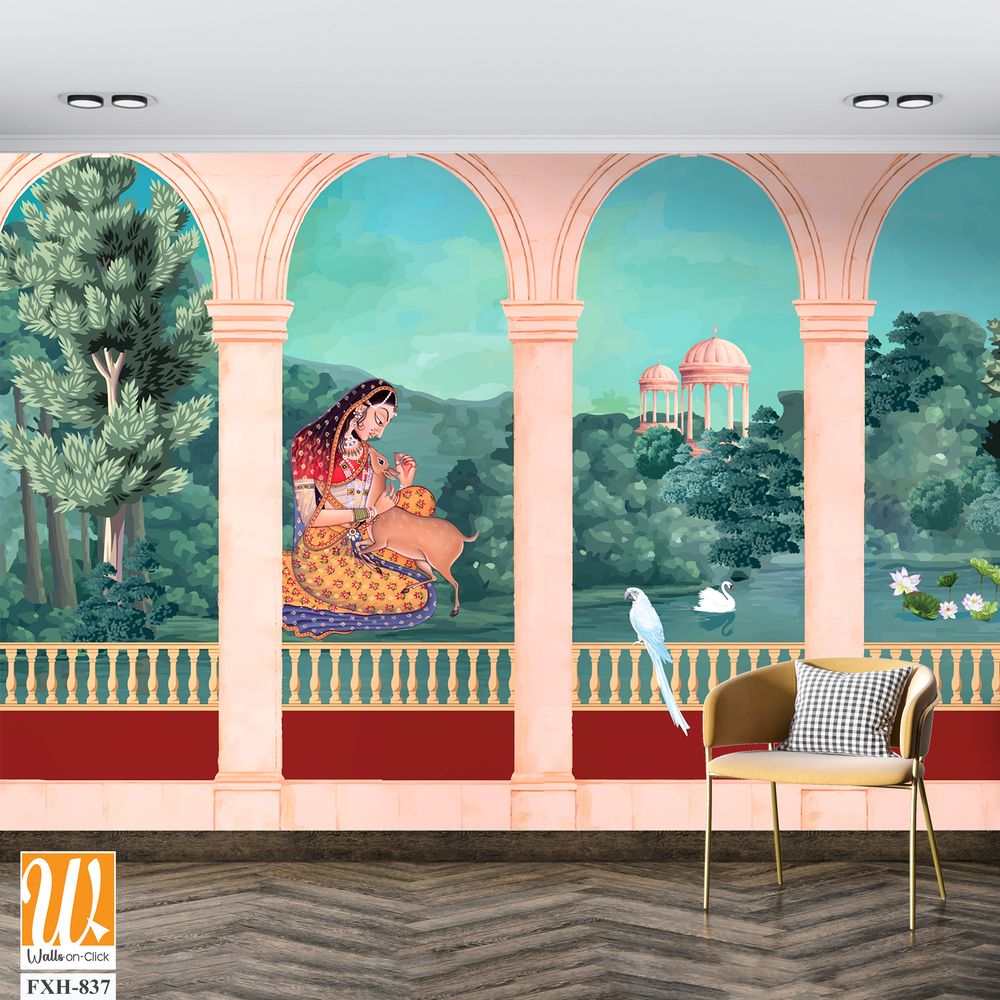 Mughal queen sitting in Garden. Vintage wallpaper with garden arch place illustration. [WP-FXH-837]