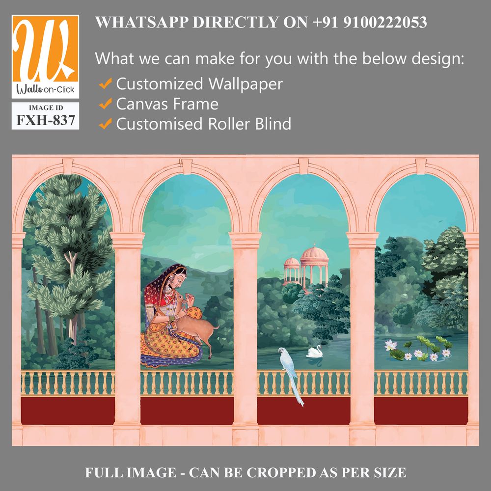 Mughal queen sitting in Garden. Vintage wallpaper with garden arch place illustration. [WP-FXH-837]