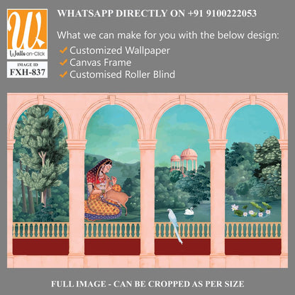 Mughal queen sitting in Garden. Vintage wallpaper with garden arch place illustration. [WP-FXH-837]