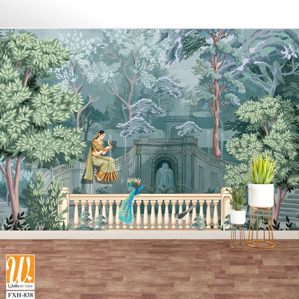 Vintage classical Roman architectural with garden, bird, botanical, peacock, illustration for wallpaper. [WP-FXH-838]