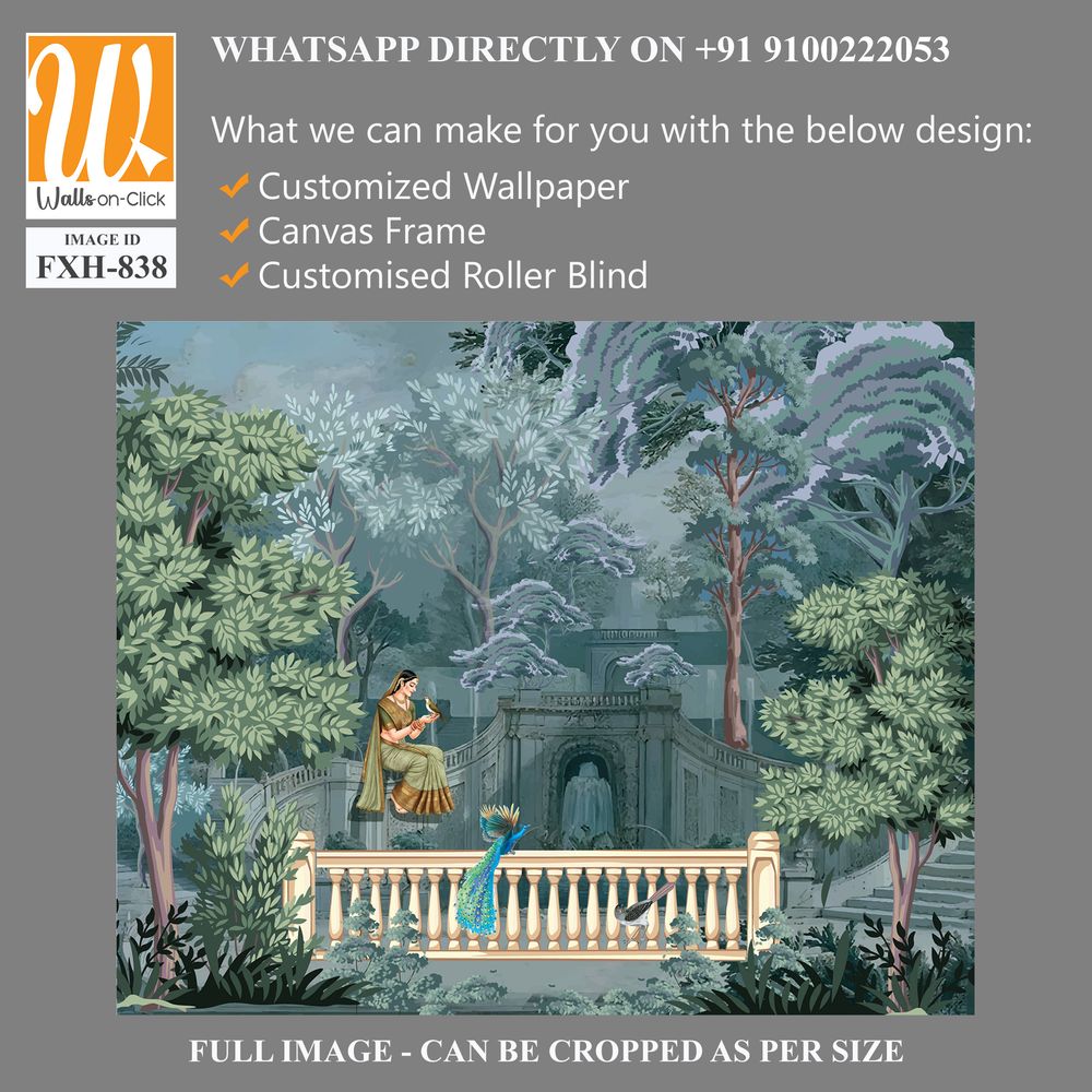 Vintage classical Roman architectural with garden, bird, botanical, peacock, illustration for wallpaper. [WP-FXH-838]