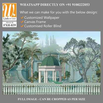 Greek ancient architecture, bird, botanical, peacock, landscape illustration for wallpaper [WP-FXH-839]