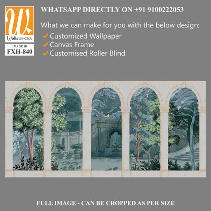 Roman ancient architecture, bird, botanical, peacock, landscape illustration for wallpaper [WP-FXH-840]