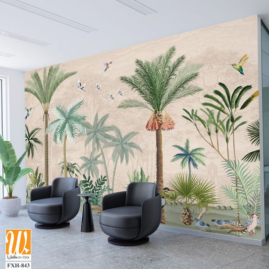 Hand painted wallpaper and fabrics, Garden Illustration, Mural Illustration, Wallpaper. [WP-FXH-843]