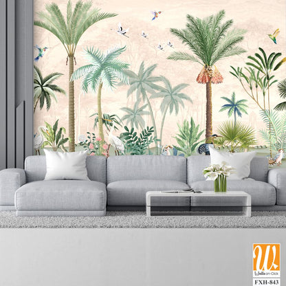 Hand painted wallpaper and fabrics, Garden Illustration, Mural Illustration, Wallpaper. [WP-FXH-843]