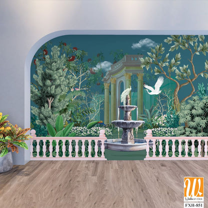 Ancient Roman garden with fountain, temple, dome, peacock, parrot, bird, flower, wallpaper illustration. [WP-FXH-851]