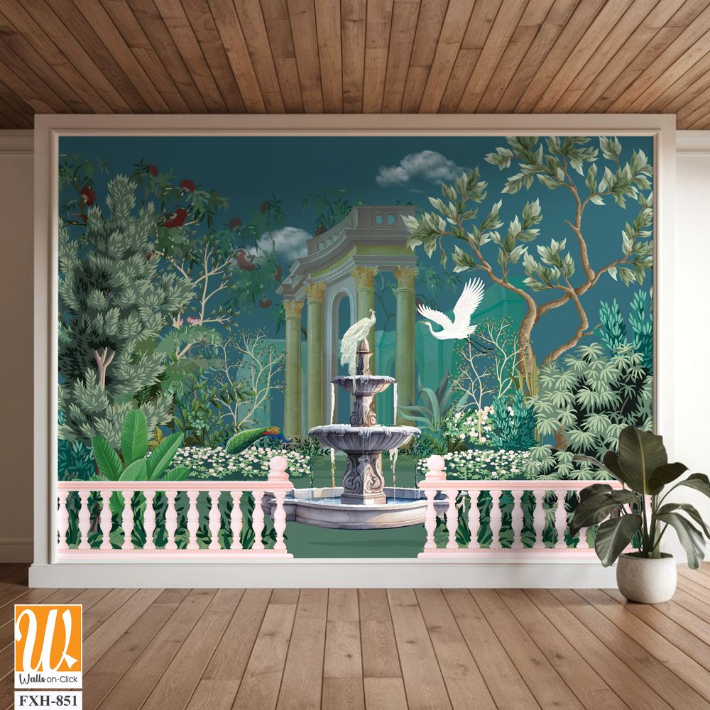 Ancient Roman garden with fountain, temple, dome, peacock, parrot, bird, flower, wallpaper illustration. [WP-FXH-851]