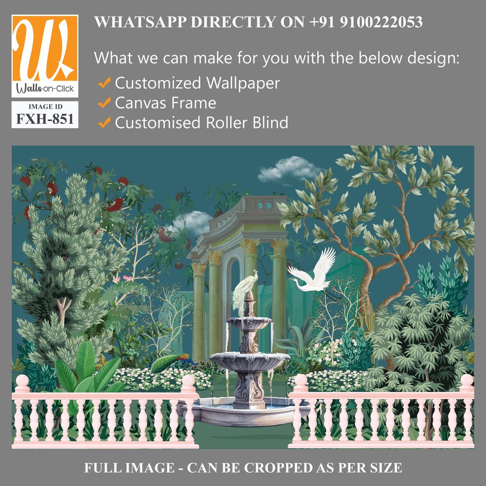 Ancient Roman garden with fountain, temple, dome, peacock, parrot, bird, flower, wallpaper illustration. [WP-FXH-851]