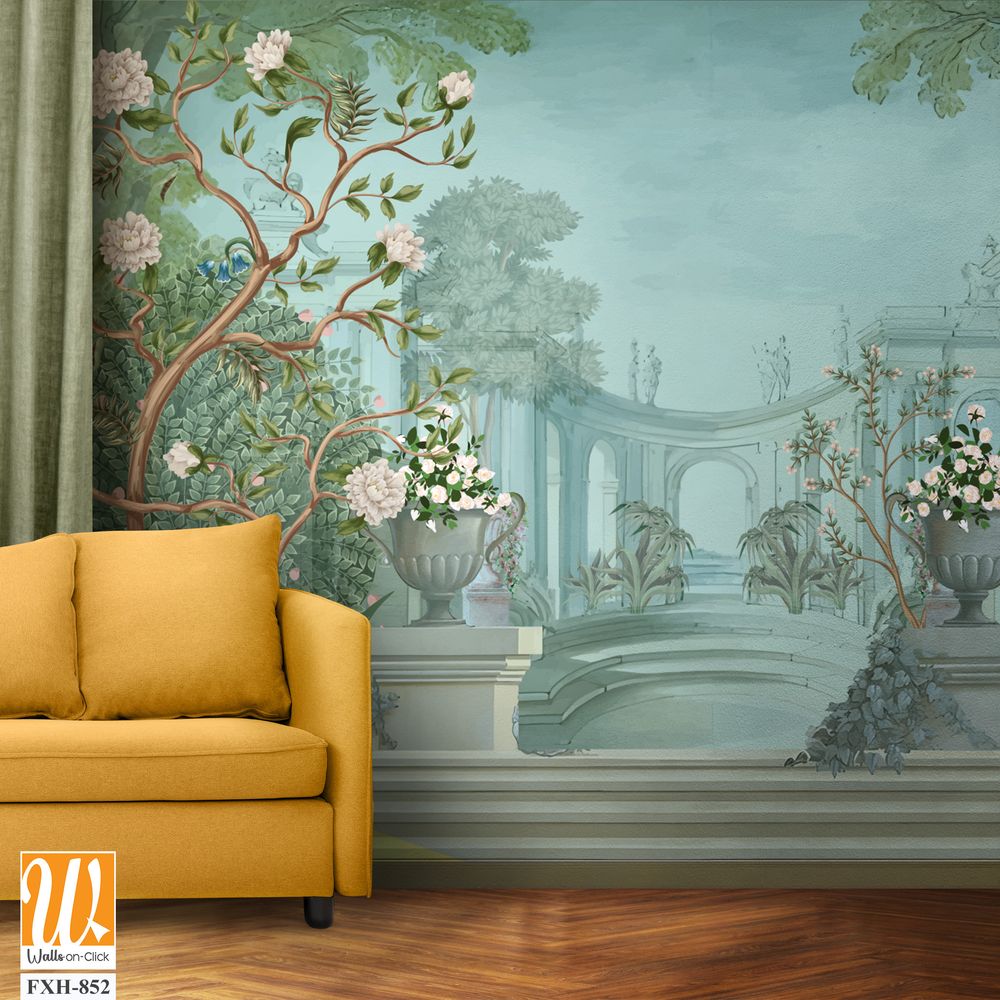 Vintage classical Roman ruins with garden, peacock, bird, botanical tree and flower for wallpaper. [WP-FXH-852]