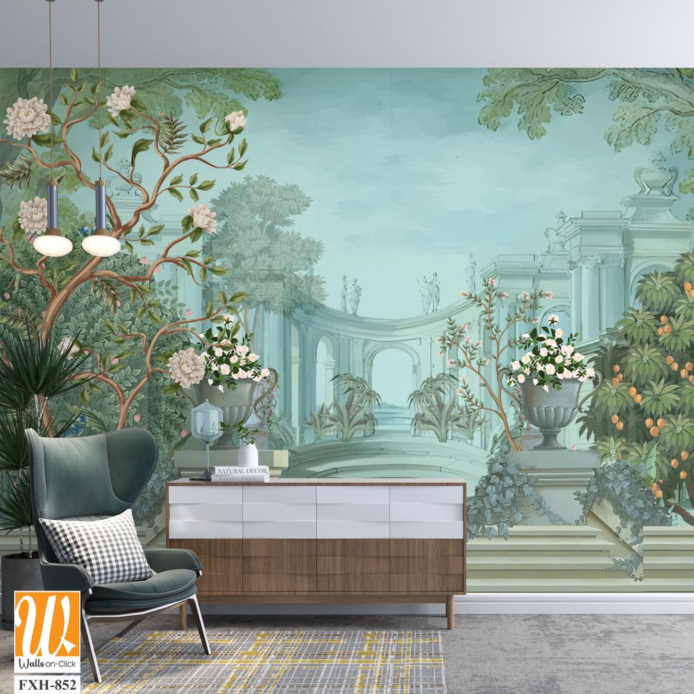 Vintage classical Roman ruins with garden, peacock, bird, botanical tree and flower for wallpaper. [WP-FXH-852]