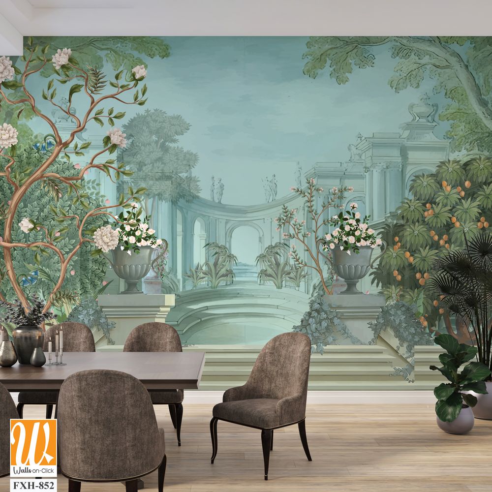 Vintage classical Roman ruins with garden, peacock, bird, botanical tree and flower for wallpaper. [WP-FXH-852]