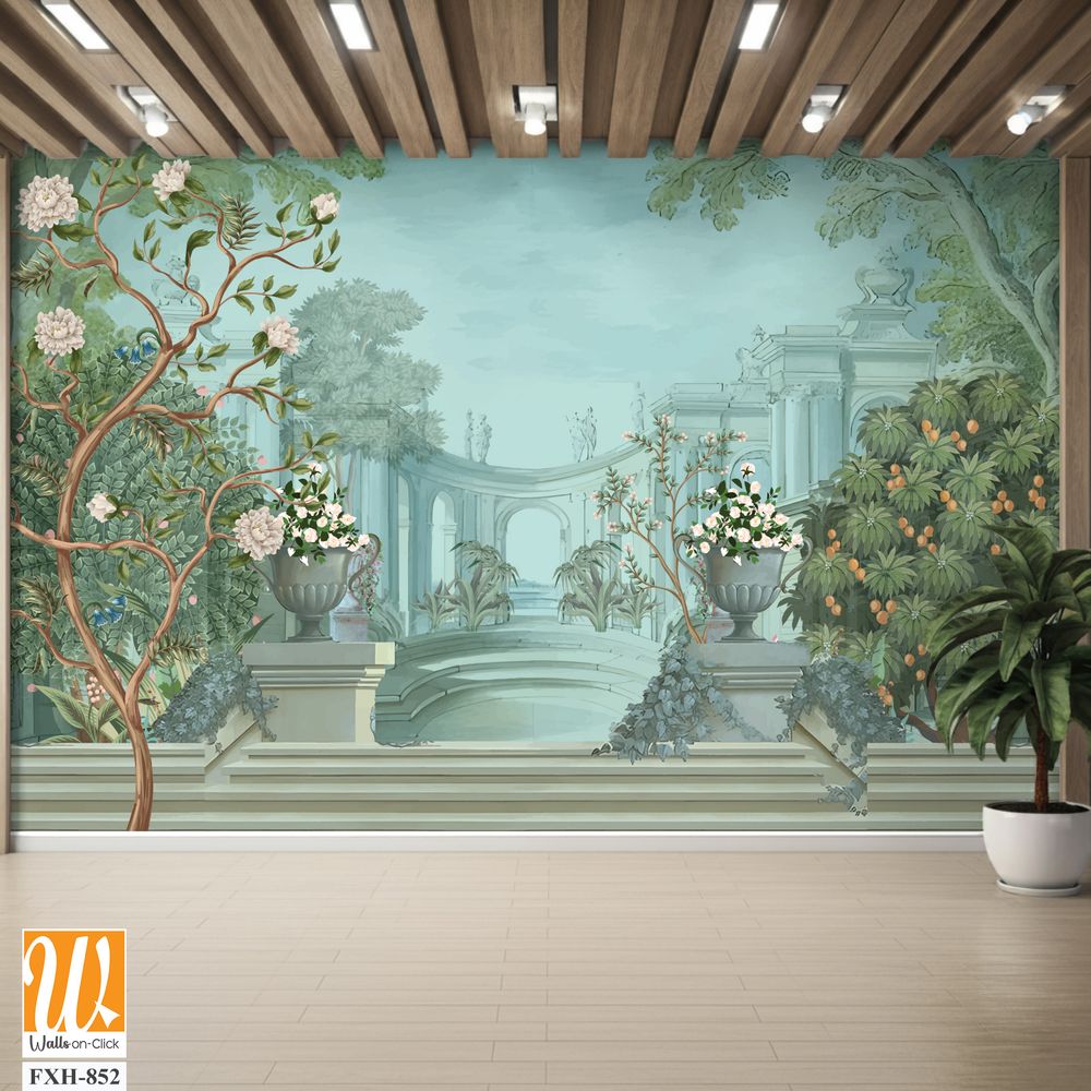 Vintage classical Roman ruins with garden, peacock, bird, botanical tree and flower for wallpaper. [WP-FXH-852]