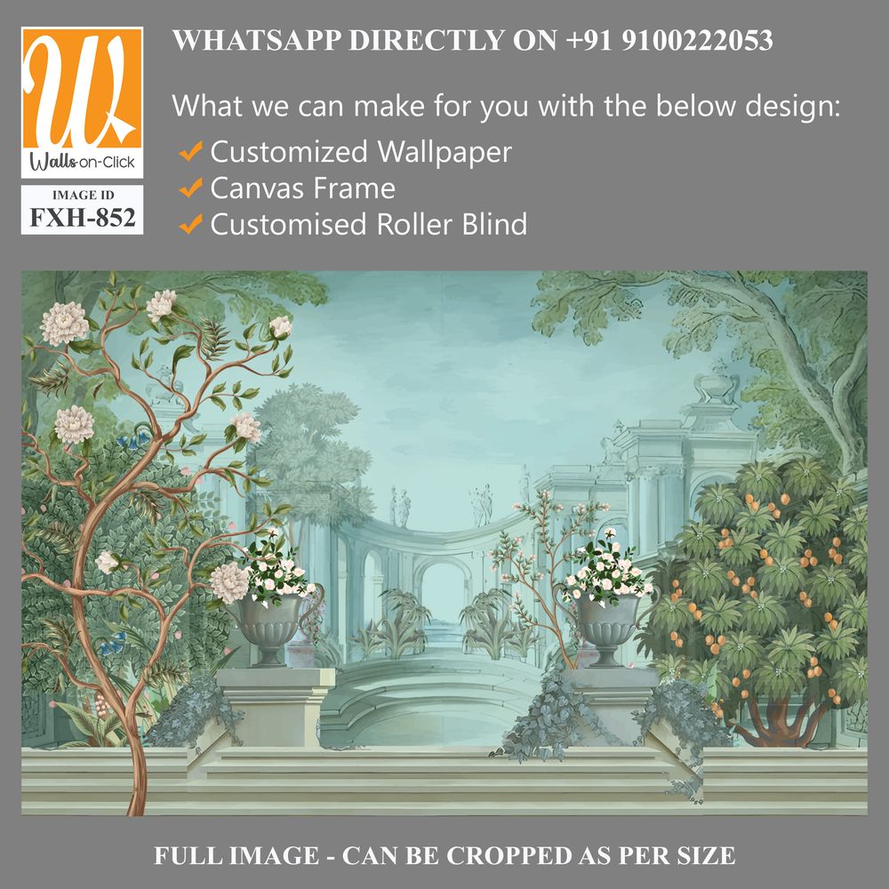 Vintage classical Roman ruins with garden, peacock, bird, botanical tree and flower for wallpaper. [WP-FXH-852]