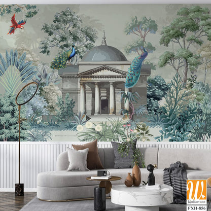 Greek Garden Mural Wallpaper Illustration, Greek Wallpaper Design, Background design for Print. [WP-FXH-856]