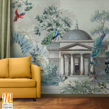 Greek Garden Mural Wallpaper Illustration, Greek Wallpaper Design, Background design for Print. [WP-FXH-856]