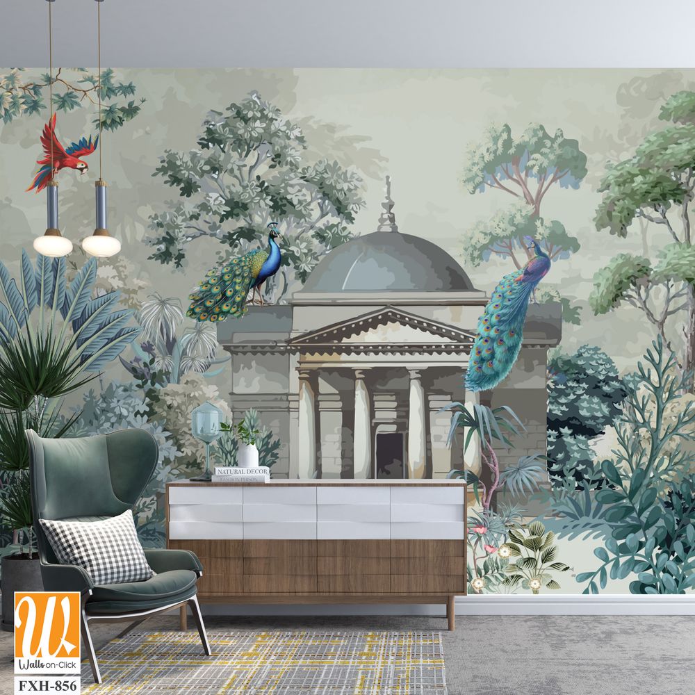 Greek Garden Mural Wallpaper Illustration, Greek Wallpaper Design, Background design for Print. [WP-FXH-856]