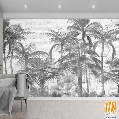 Tropical leaves and Trees Wallpaper design - 3D illustration [WP-FXH-903]